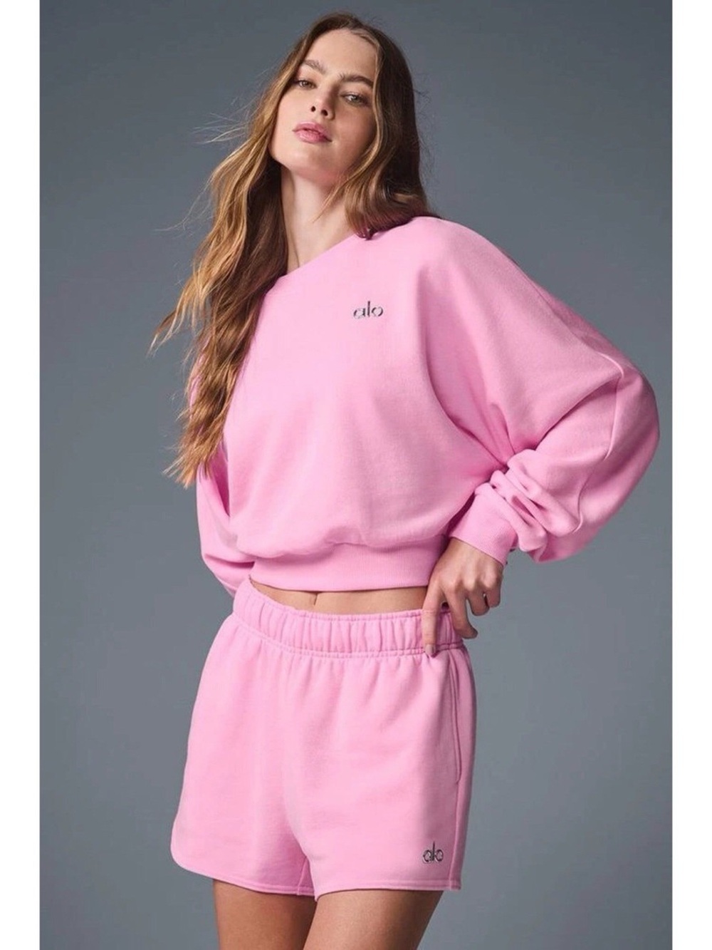 ALO Yoga Pink Cropped Accolade Crewneck & Shorts Set - Size Small